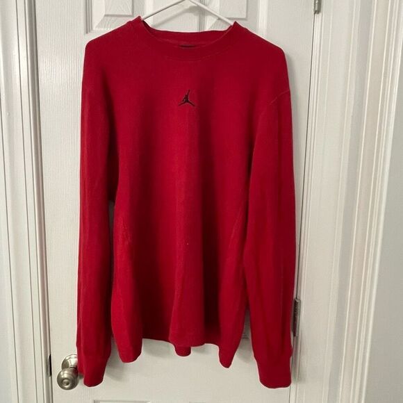 Jordan Brand Red Crewneck thermal Henley 
 Large Jumpman Logo Ribbed Knit Cotton - Picture 1 of 8